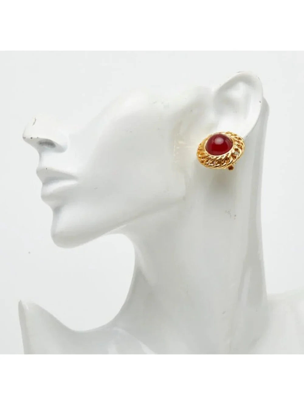Chanel Gripoix Vintage Round Earrings Gold Red Plated Glass